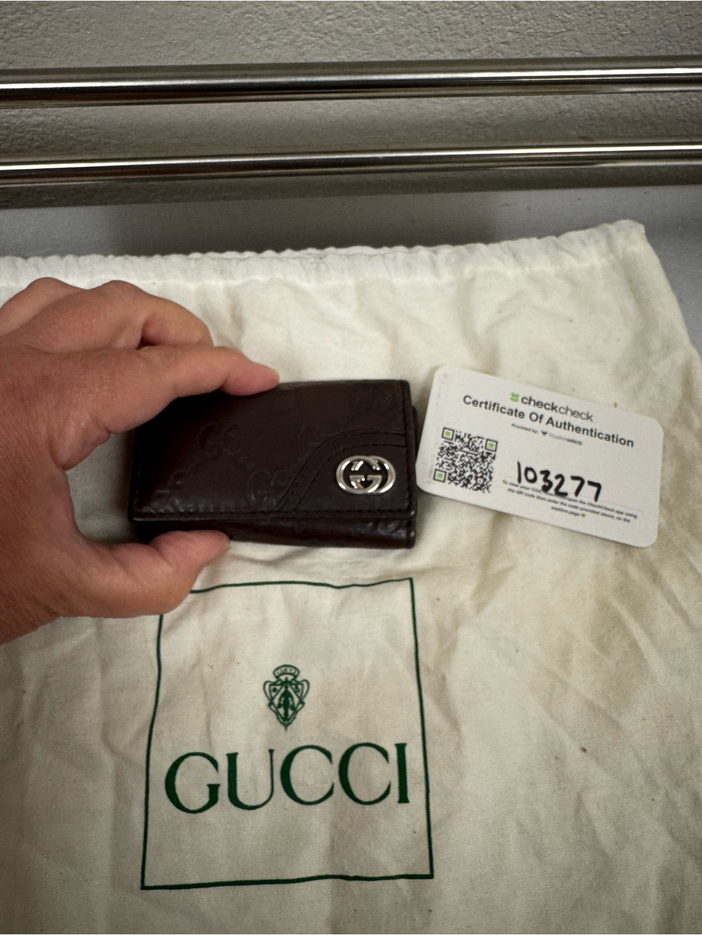 Gucci Brown Leather Key Case with Silver GG Logo with Certificate